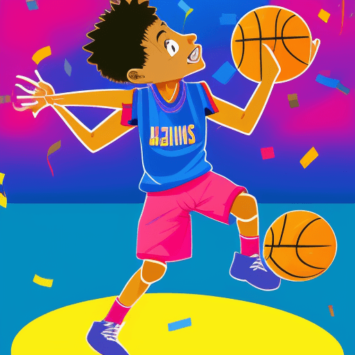 AI generated: Birthday card design for an 8-year-old child featuring an anime cartoon basketball player in mid-act...