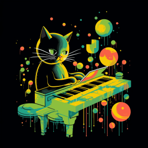 AI generated: A tshirt vector of a mischievous cat playing with the piano, with colorful bubbles floating around i...