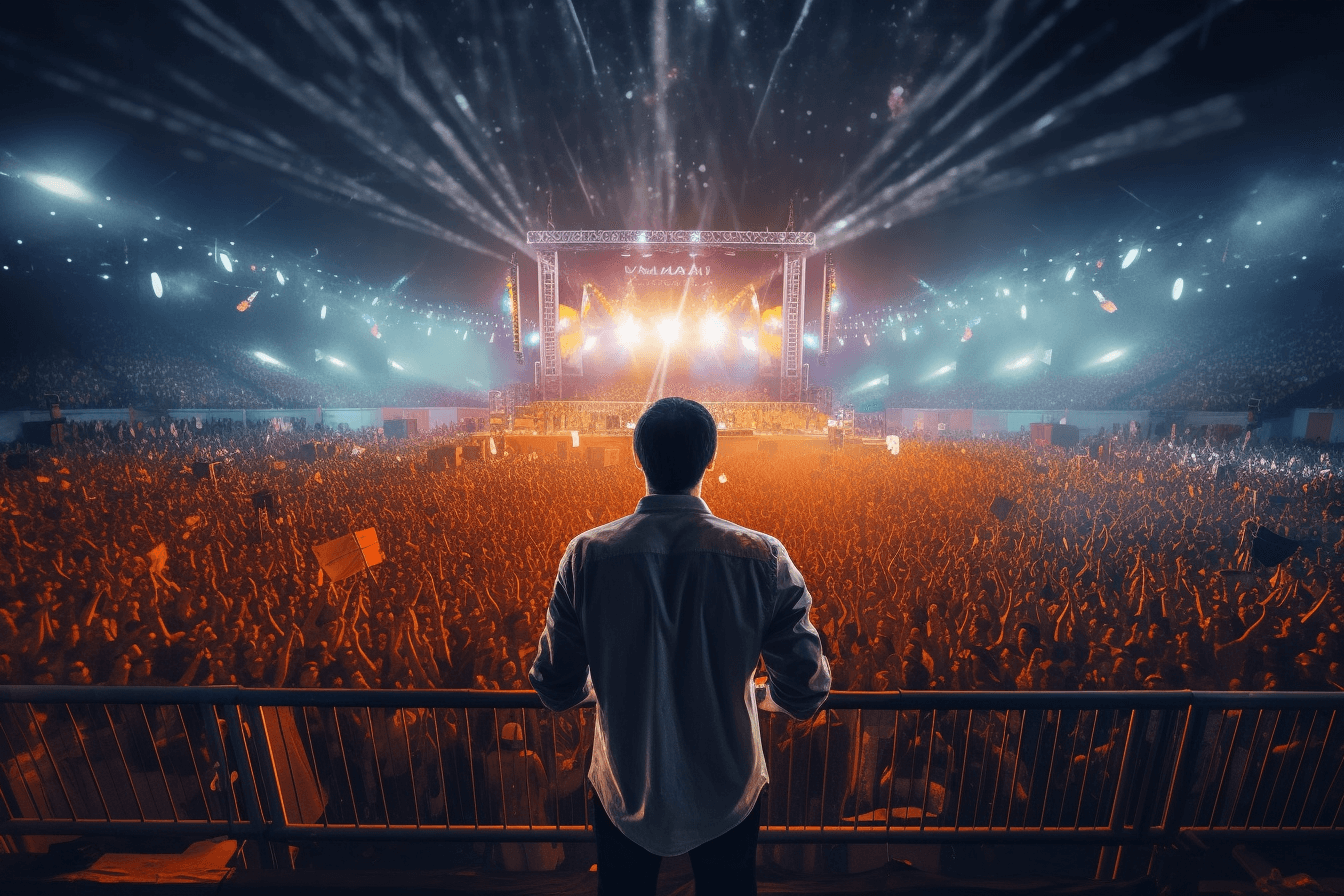 AI generated: huge festival, with a man single in the middle of the stage, lots of people watching the man, night ...