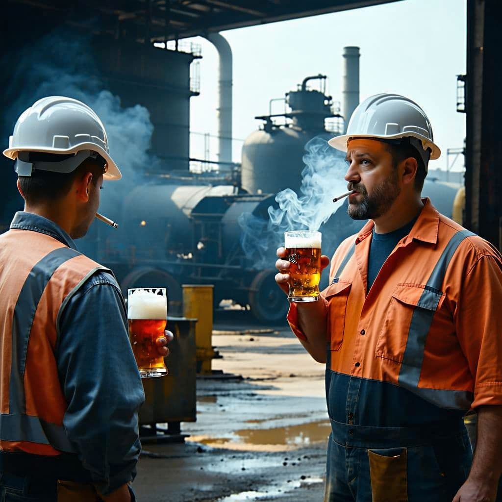 AI generated: In the photo, workers are standing at the entrance to the factory and looking at the camera while sm...