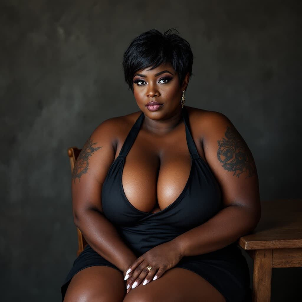 AI generated: 45 years old ebony mature woman, serious face, thick toned body, black pixie hair, wearing only blac...