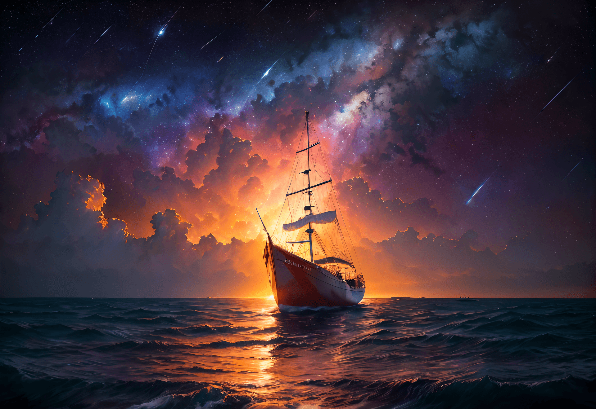 AI generated: style-nebmagic, a (sailboat:1.1) at the edge of the world watchin stars fall down , Cinematic, Warm,...