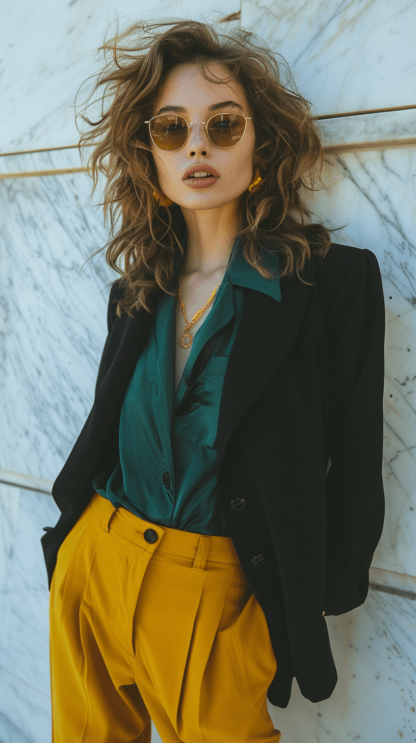 AI generated: fashion cover, front view, upper-body, woman model, white marble wall, black suit, green shirt, yell...
