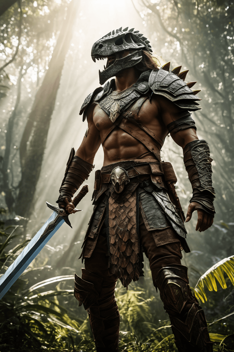 AI generated: a fighter with a giant sword made of bone, armor out of dinosaur skin, helmet made of dinosaur skull...