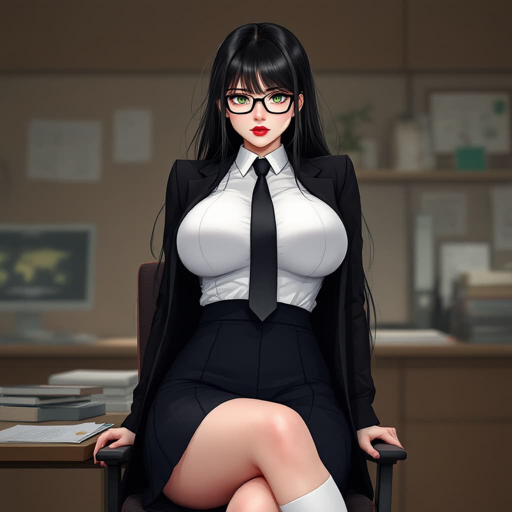 AI generated: woman, black hair, long hair, green eyes, black glasses, red lips, white shirt, black tie, black bla...