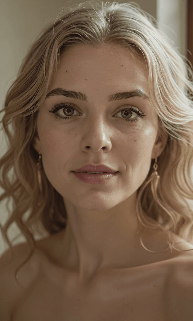 AI generated: Photo realistic macro shot of the uploaded woman's face with shallow depth. Camera from 3/4 angle, v...