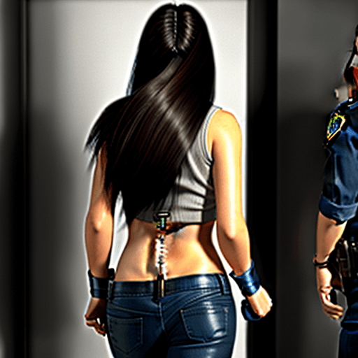 AI generated: woman getting arrested, beautiful, long dark hair, walking away, hands handcuffed in metal police ha...