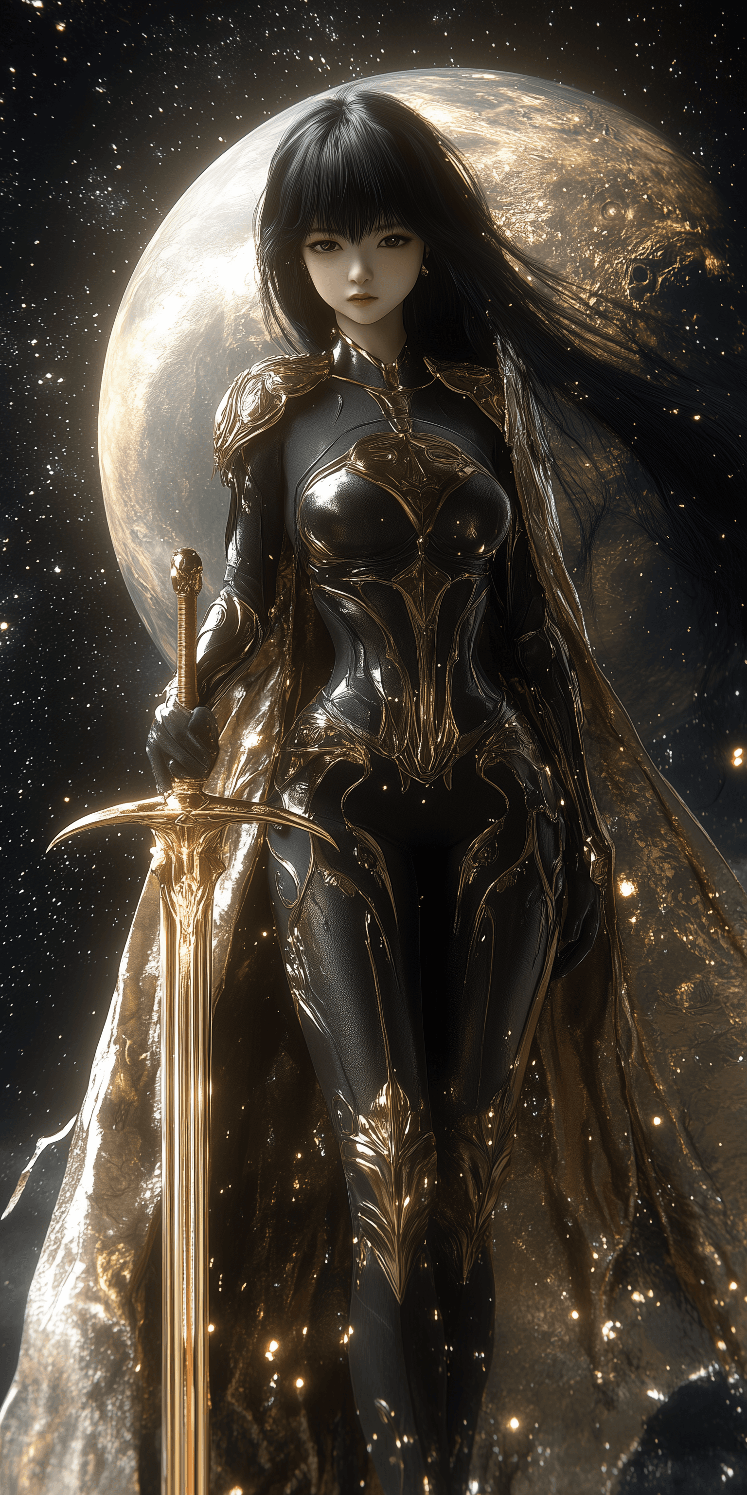 AI generated: Black Haired Manga Shield Maiden, Golden Sword, in Gold and Black Armor, 3D Rendering, Black Planet,...