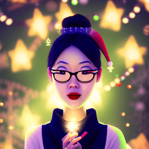 AI generated: realistic proportions 3D Pixar style asian woman completely covered in christmas lights,top view, fu...