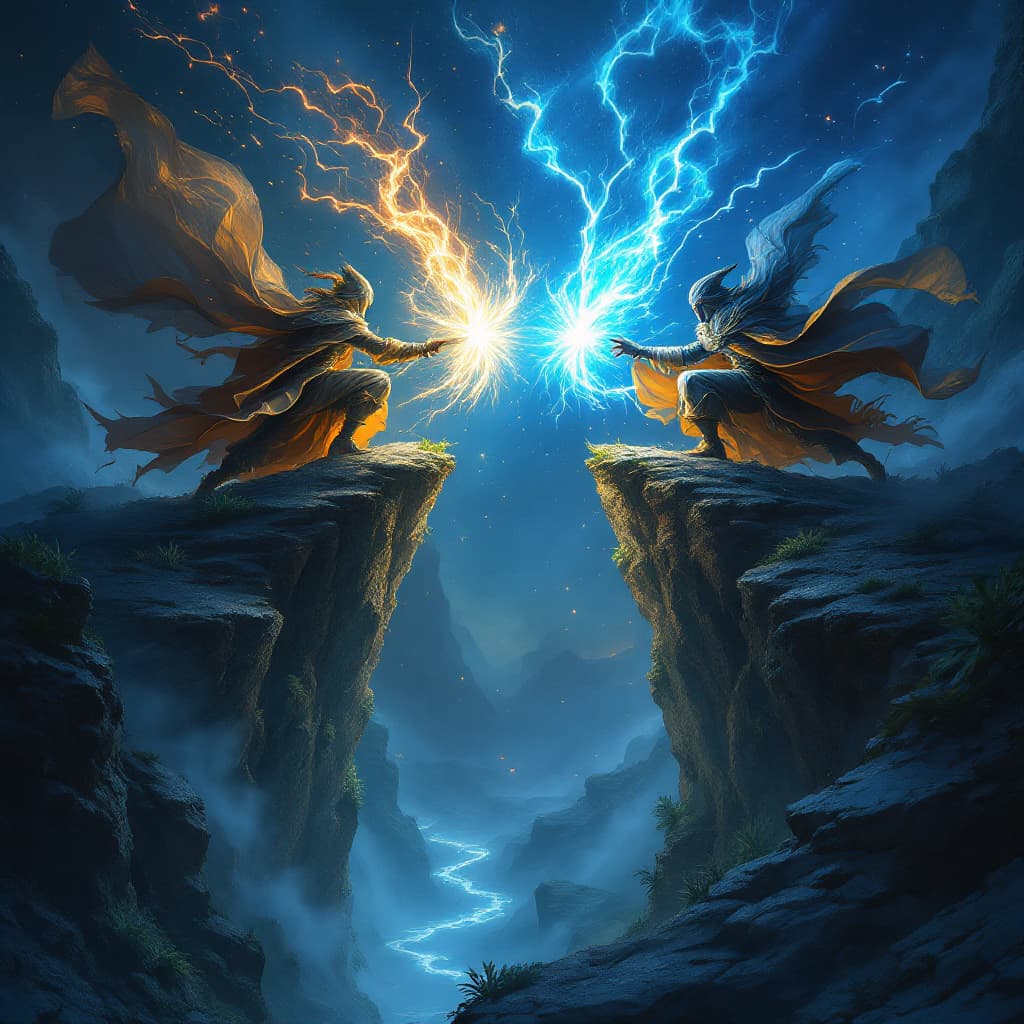 AI generated: twin sorcerers dueling atop spiraling cliffs, night sky torn asunder --v 7 --ar 16:9 --style cinemat...