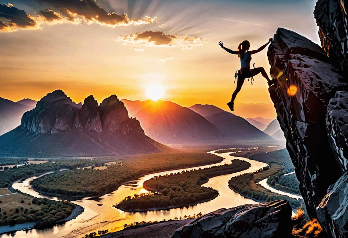 AI generated: silhouette style fit woman climbing a rock cliff, landscape with river and mountains and sunset on b...