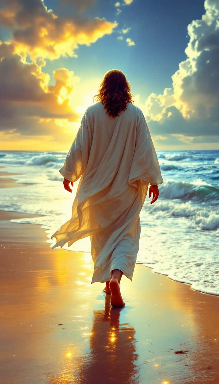 AI generated: Jesus walking on the beach from the back, not walking on the sand, next to the beach next to the wat...