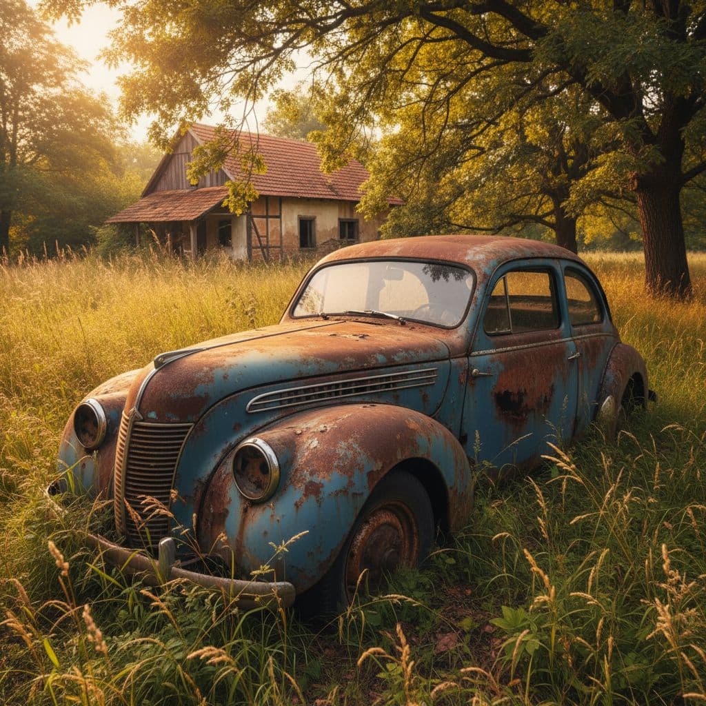 AI generated: A vintage, rusted blue car, positioned prominently in an overgrown grassy area, evokes a sense of no...
