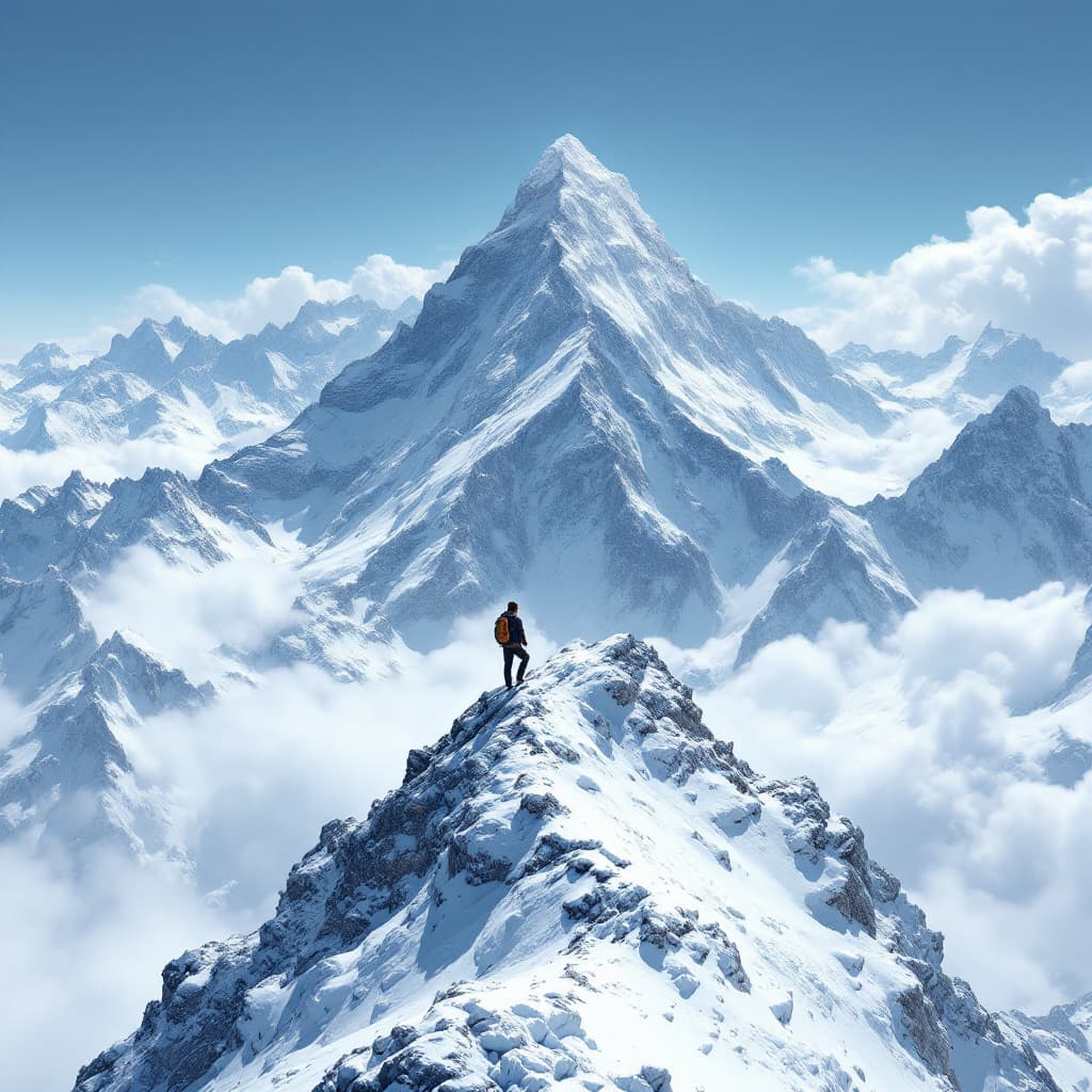 AI generated: Photo ultra realistic of the Everest and a man reaching the top surrounded by infinite snowed mounta...