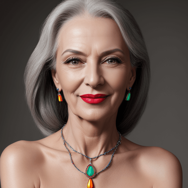 AI generated: hyper realistic headshot photo of a 55 year old stylish, woman,  elegant, long grey hair, slim, skin...