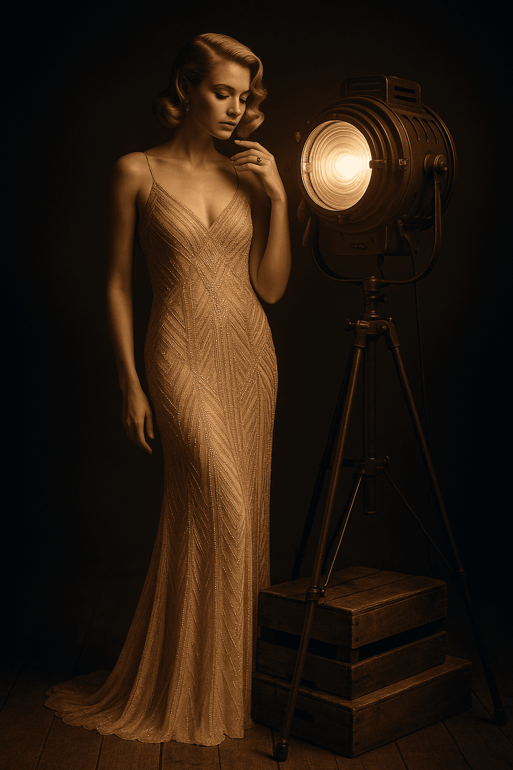 AI generated: A tall, elegant woman in a floor-length, art-deco beaded champagne gown with thin spaghetti straps, ...