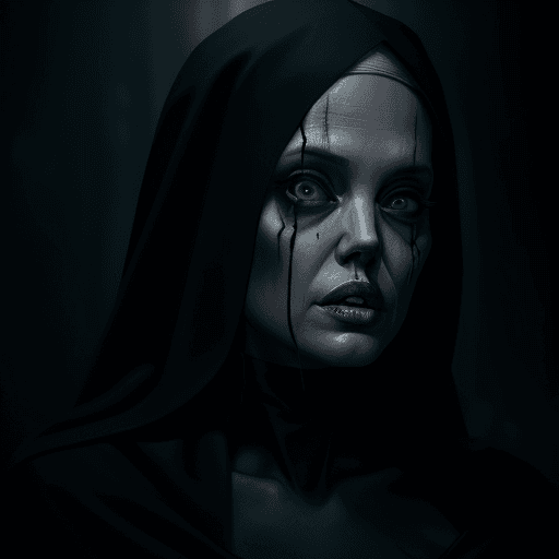 AI generated: Angelina Jolie Scary nun, unholy, creepy, horror, dark, ghoul, intricate design and details, photogr...