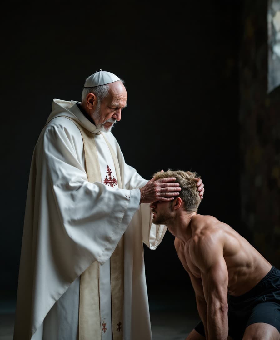 AI generated: high-resolution photo of a skinny elderly catholic priest, next to muscular, young man with light bl...