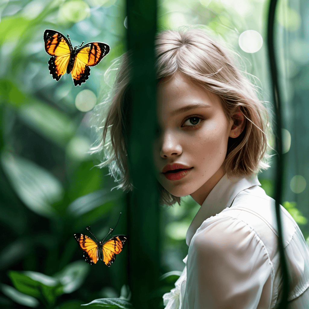 AI generated: reflection and refration,   girl sasha luss sitting inside overgrown metro carriage, green jungles l...