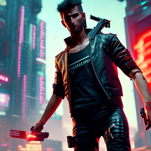 AI generated: a male protagonist of cyberpunk 2077 with a tuft, brown hair, red eyes, oily complexion, while killi...