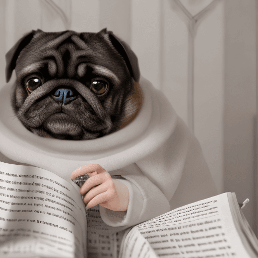 AI generated: anthropomorphic pug dog, in a robe, eating breakfast and reading the newspaper, lightroom, cinematic...