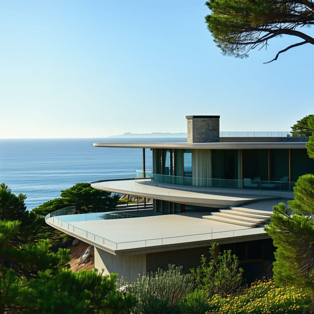 AI generated: Hyper realistic eye level exterior photo of a mid century modern style house overlooking the ocean, ...