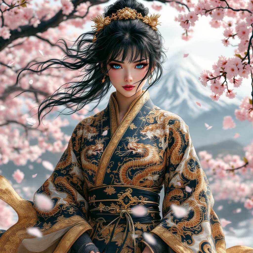 AI generated: a extremely realistic and  beautiful and physically fit Japanese kunoichi, with  curly jet black hai...
