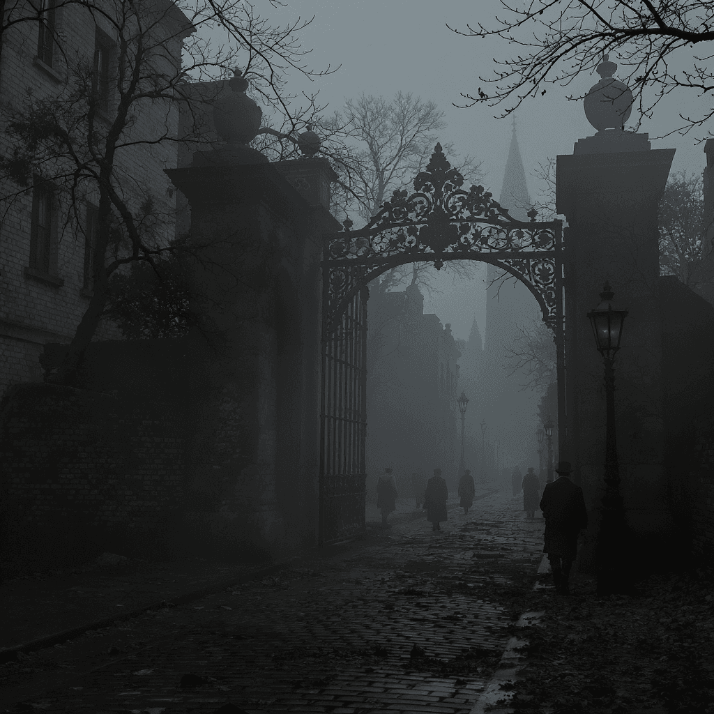 AI generated: *A Fog A foggy, cobbled street leads into a grimy, industrial-age London. A worn iron gate or ancien...