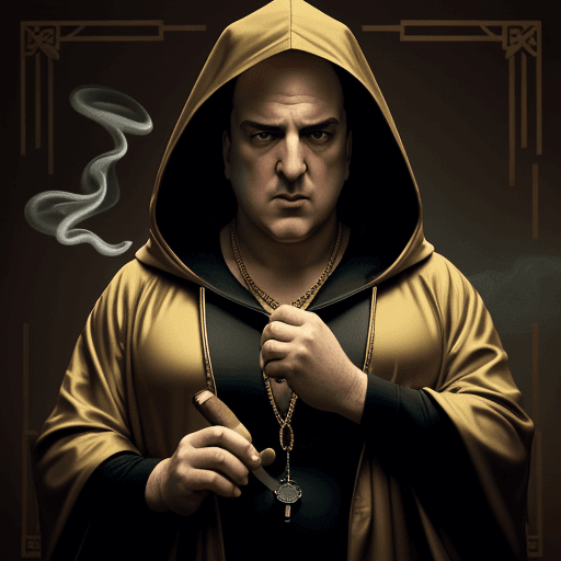 AI generated: Tony Soprano is wearing a hooded robe and holding a cigar. He blows smoke. The face is half-sided, l...