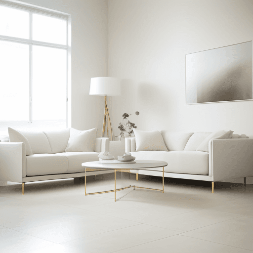 AI generated: Photograph, contemporary living room, soft light of morning, integration of beige flooring and matte...