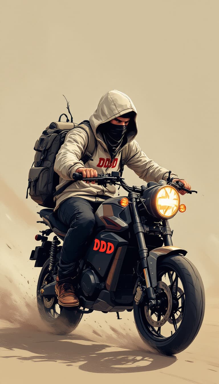 AI generated: Full body shoot image of an animation male hooded character with covered mouth bandana ridding a ele...
