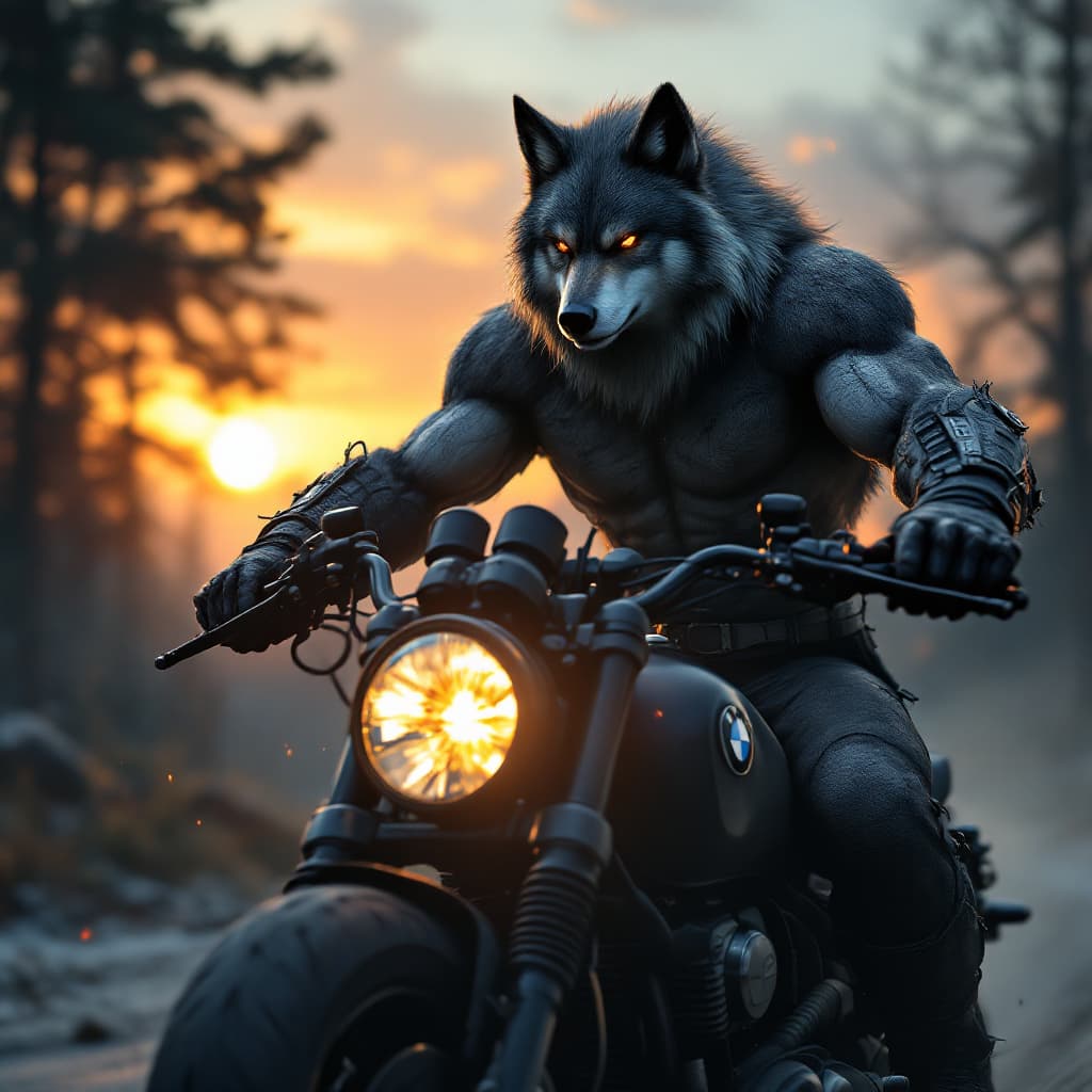AI generated: anime, a manly muscle wolf ridding a black heavy BMW Motorcycle, cover art, dramatic light, pale sun...