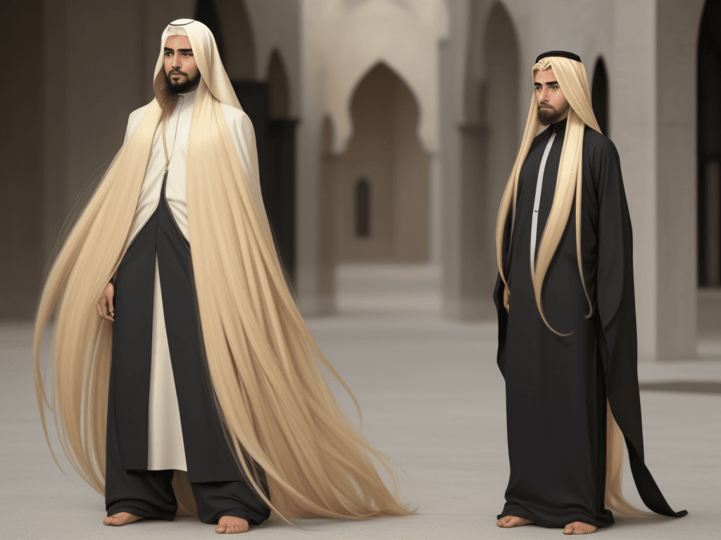 AI generated: islamic skraft  long blonde hair long thin 