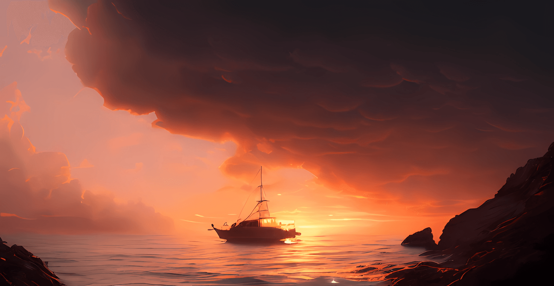 AI generated: a boat sitting in the water during sunset, in the style of greg rutkowski, dream ocean,calm and sere...
