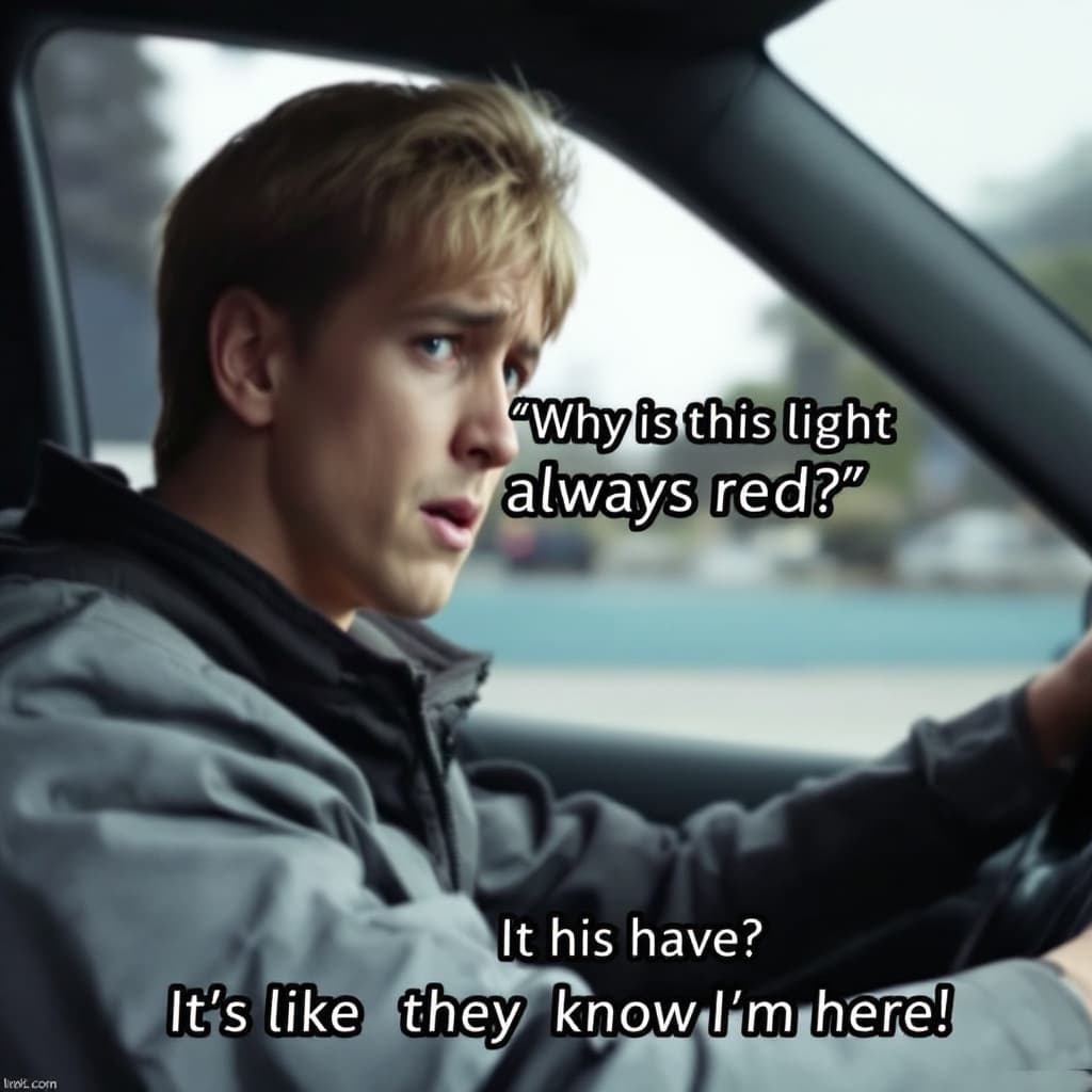AI generated: [Close-up of driver]
Driver: Frustrated voice "Why is this light always red? It’s like they know I’m...
