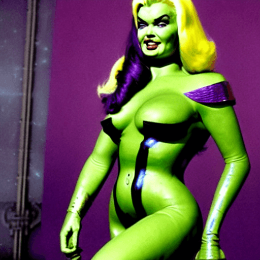 AI generated: (Jayne Mansfield as Gamora), (squatting), (green full body paint), (Guardians of the Galaxy), (gorge...