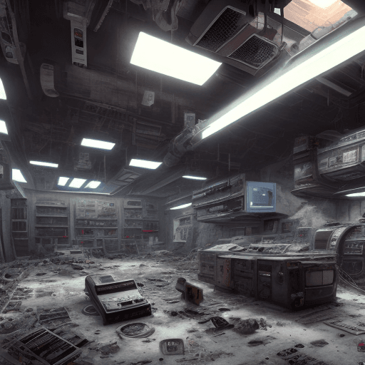 AI generated: interior of underground abandoned cyberpunk Hoth international space station LIVING ROOM full of jun...