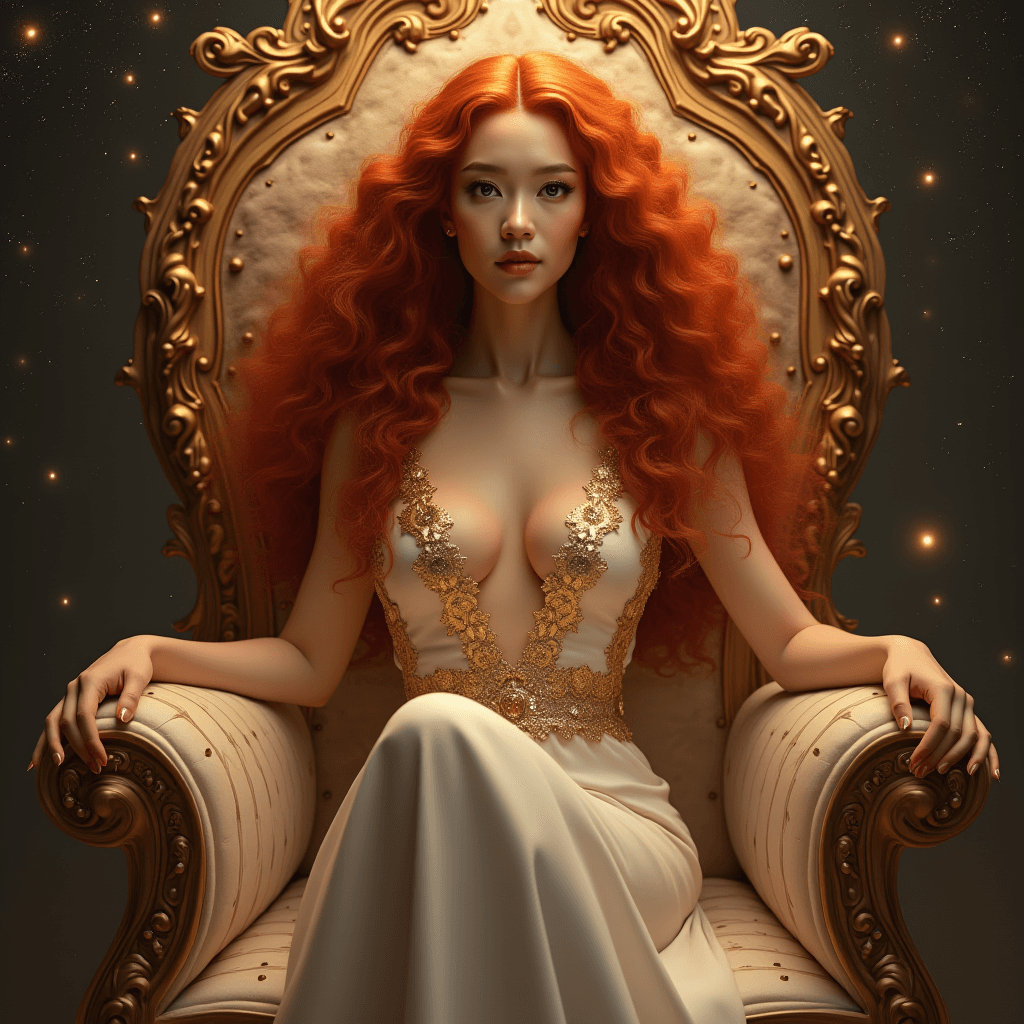 AI generated: Stunning portrait of the beautiful Queen of the Cosmos, with Asian skin, sitting on an Etheral Thron...