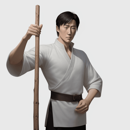 AI generated: A tall young man resembling movie legends Jet Li and Jackie Chan mythology, leans in a sophisticated...
