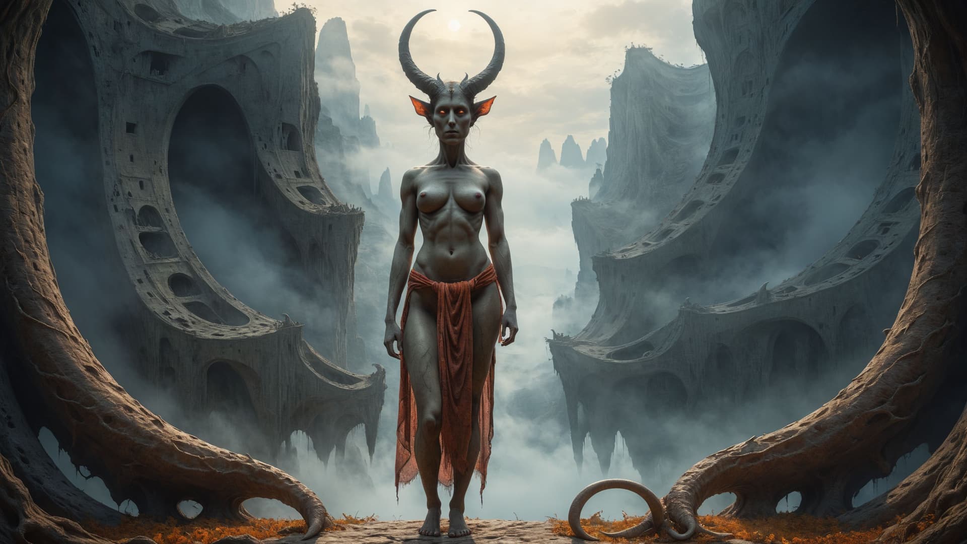 AI generated: By Zdzisław Beksiński, masterpiece, full body shot, young horned demoness, bewitching beauty, goddes...
