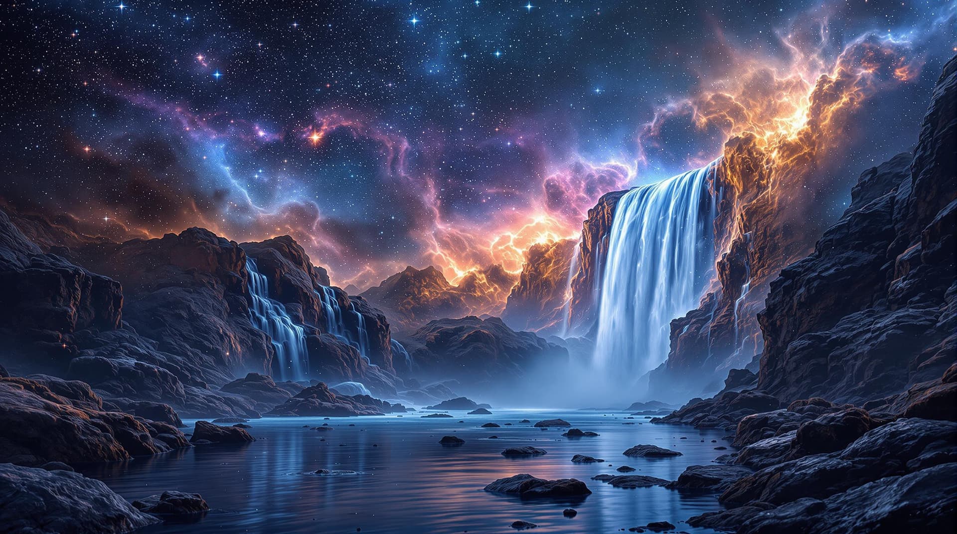AI generated:   a waterfall landscape   in a close up view, made with nebulas the gaz,stars ,stars cluster and dus...