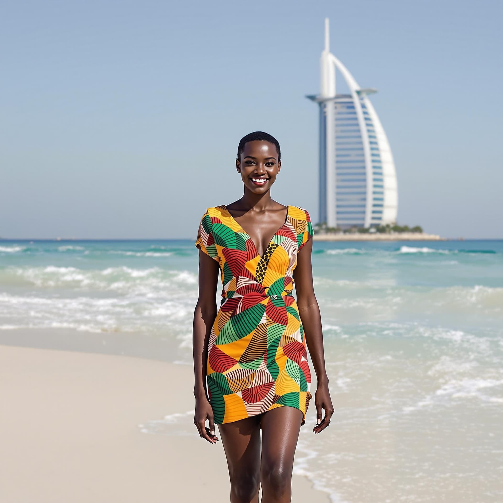 AI generated: 3. Afrikanische Königin am Strand von Jumeirah**  
Eine afrikanische Frau mit kurzem, krausem Haar t...