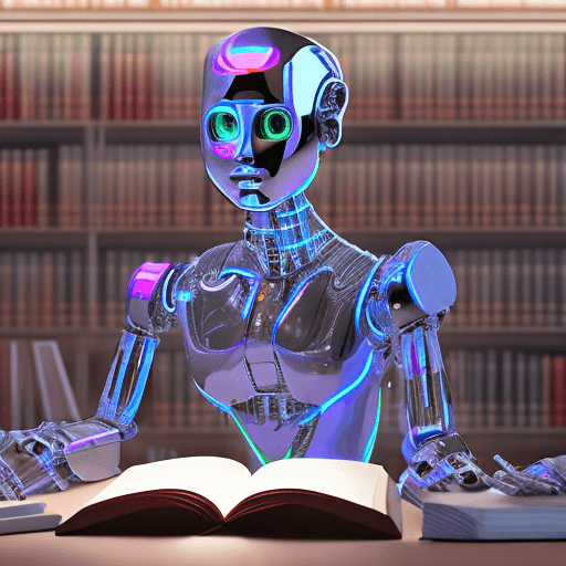 AI generated: Humanoid robot, reading, library, 8k, photorealistic, chrome, neon light