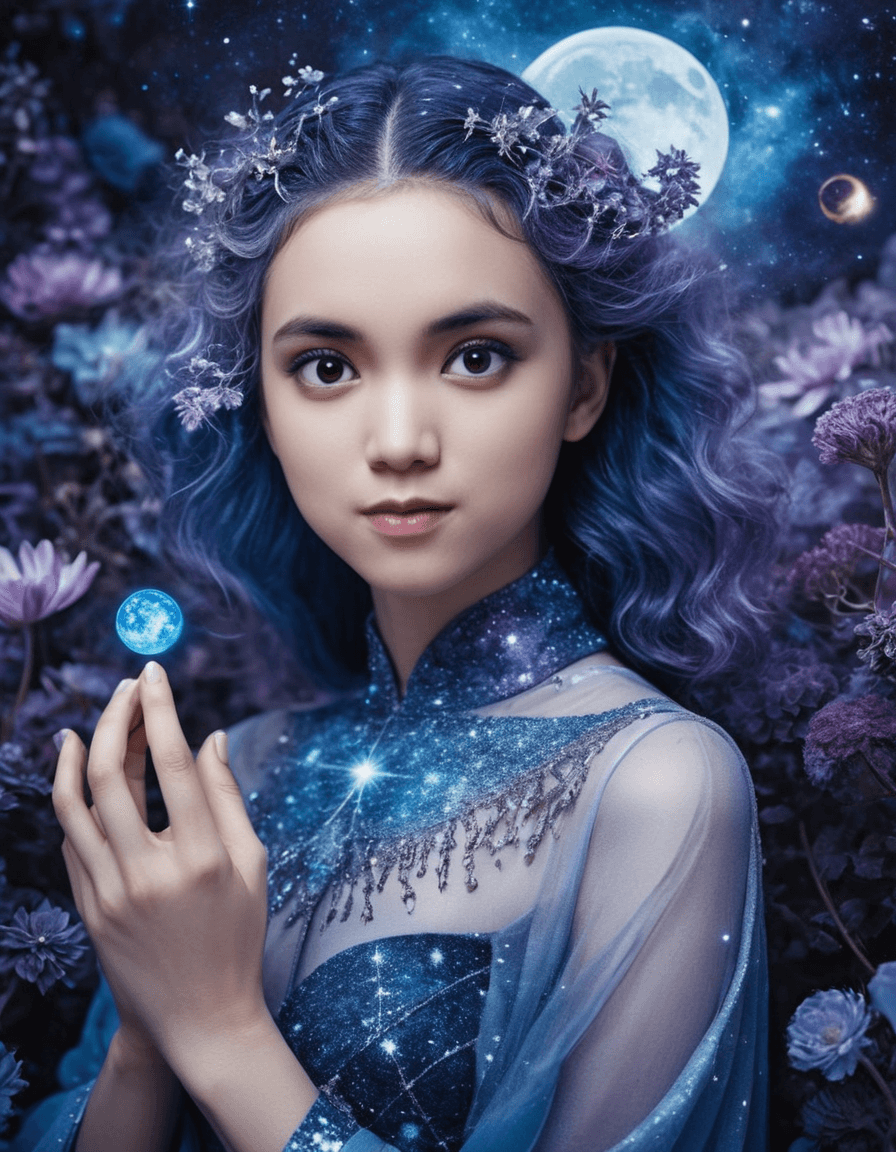 AI generated: A mesmerizing double exposure masterpiece by Jinxit, featuring a celestial woman with captivating bl...