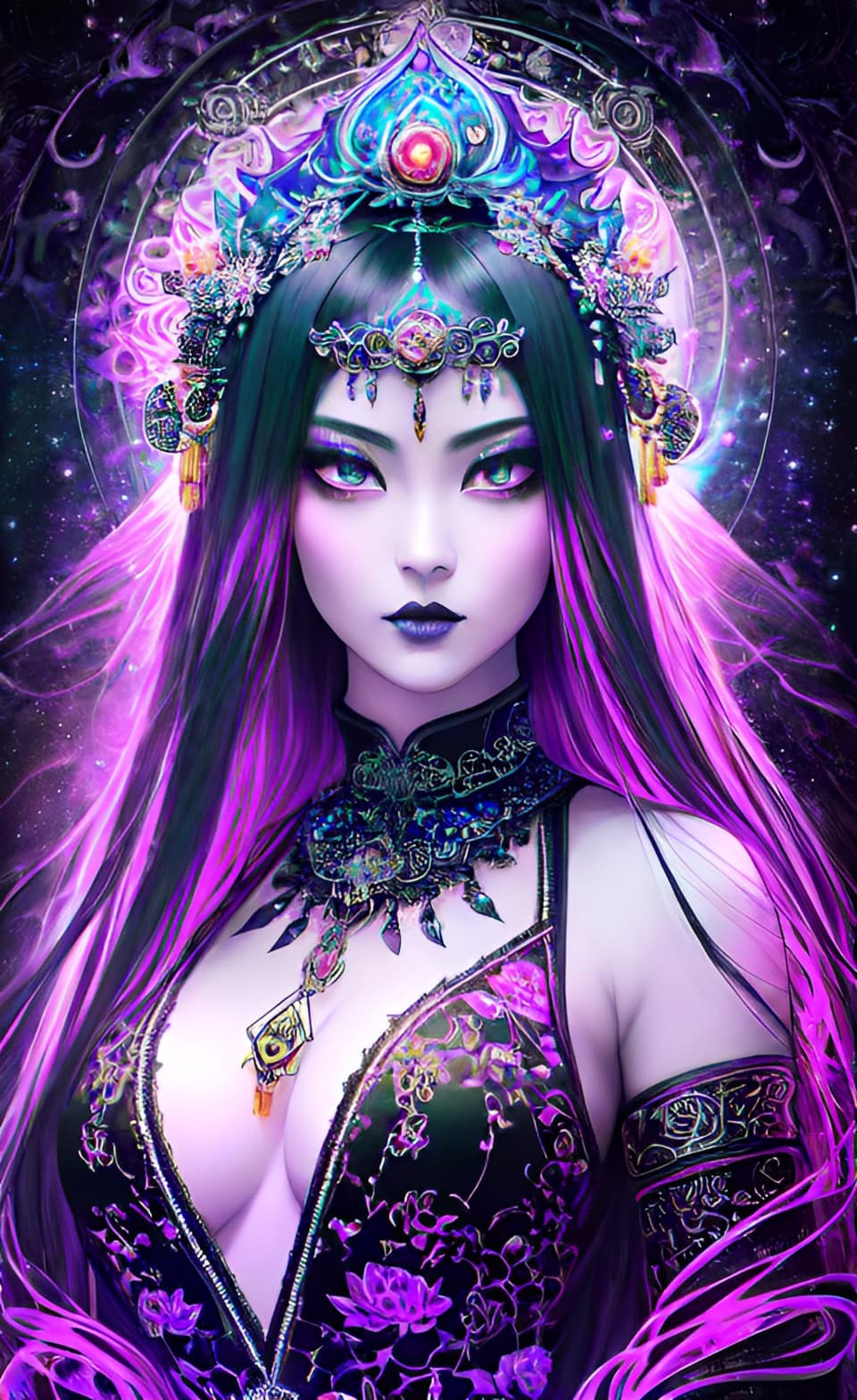 AI generated: gothic, psychedelic deep colors, moody, dark, epic, gorgeous, magical, glowing, luminism, biolumines...