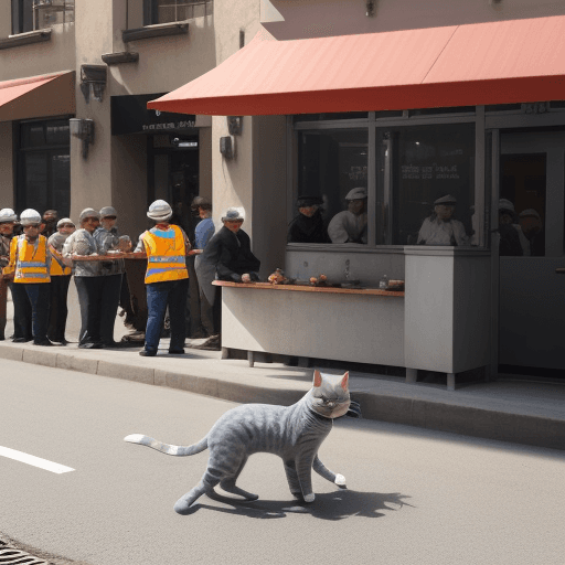 AI generated: little grey cat wearing a construction uniform and hat and waiting outside restaurant for lunch in a...