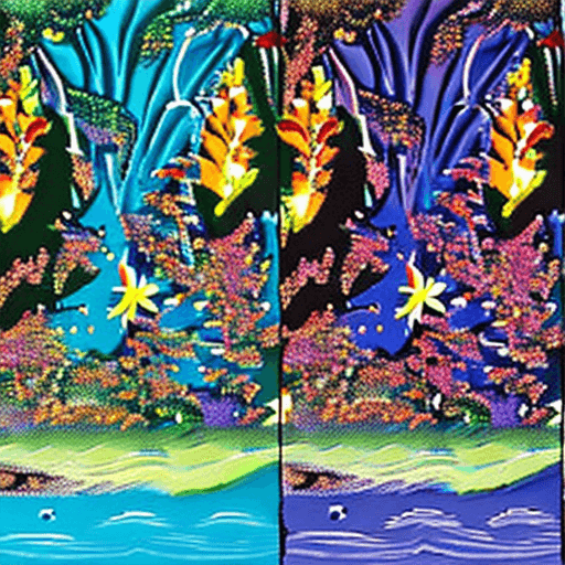 AI generated: In a fantastic, surreal world a scene of breathtaking beauty unfolds. Vibrant trees with iridescent ...