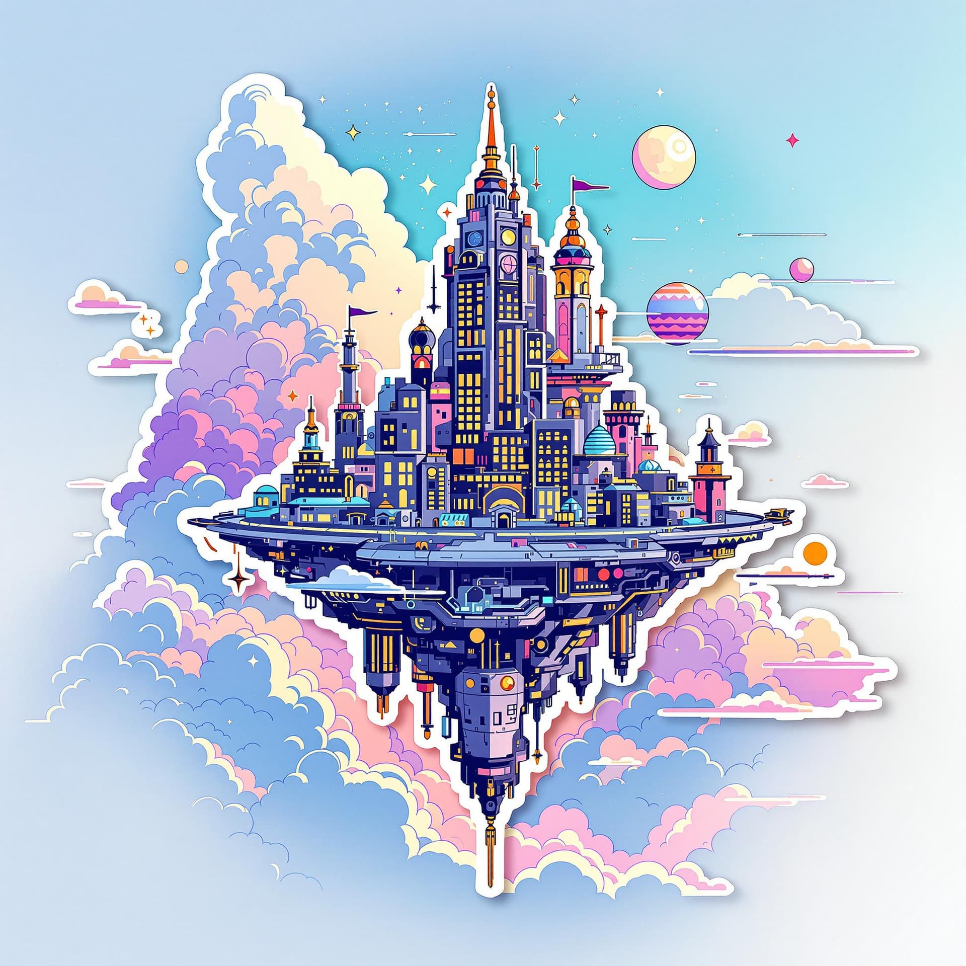 AI generated: "A minimalist yet detailed illustration of a futuristic floating city above the clouds, with glowing...