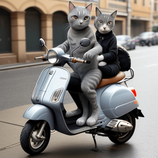 AI generated: a gray cat is riding a vespa