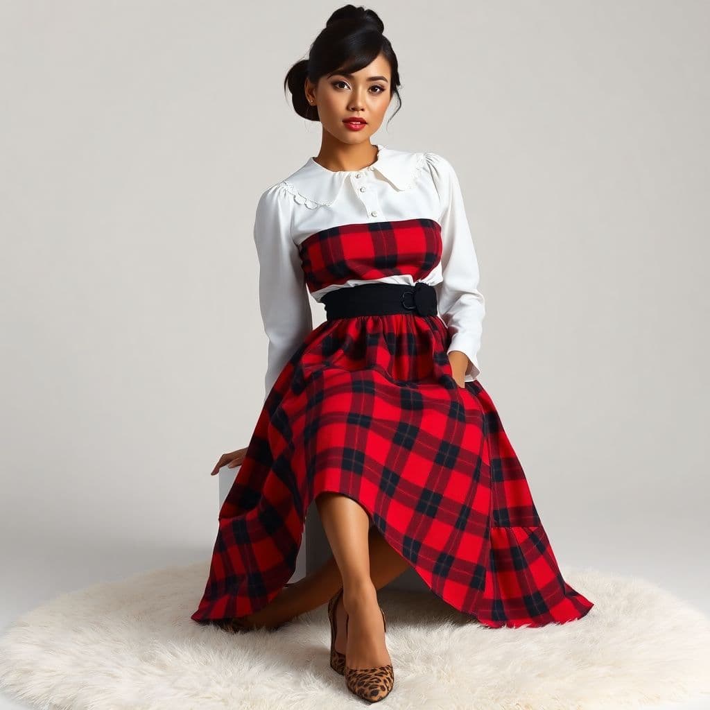 AI generated: A woman seated, wearing a white blouse with a ruffled collar, and a vibrant red and black plaid midi...